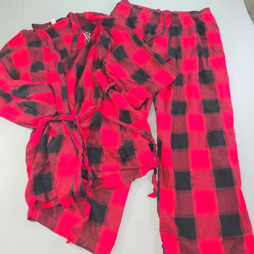 Victoria's Secret Pajama Set Womens XL/XXL Red Black Buffalo Plaid Metallic 2pc